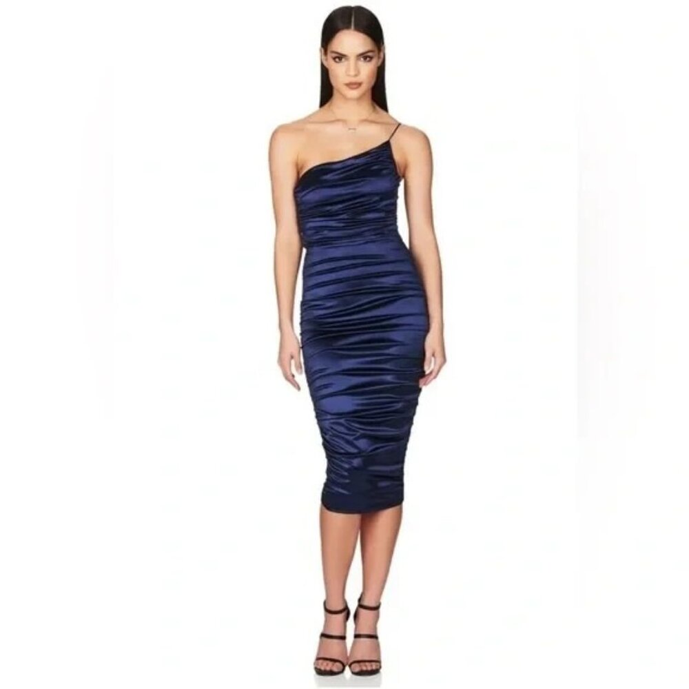 Nookie Cupid Midi Dress L Large Blue Ruched Satin Stretch Bodycon NEW $280